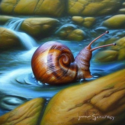 Realistic Snail on Rock, Oil Painting