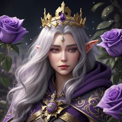 Beautiful Elf with Purple Cloak and Rose