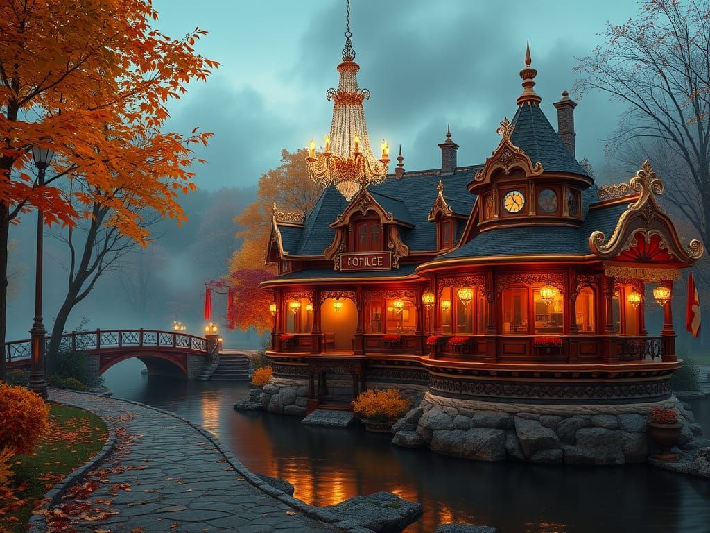 Victorian Riverbank Coffee Shop in Autumnal Splendor