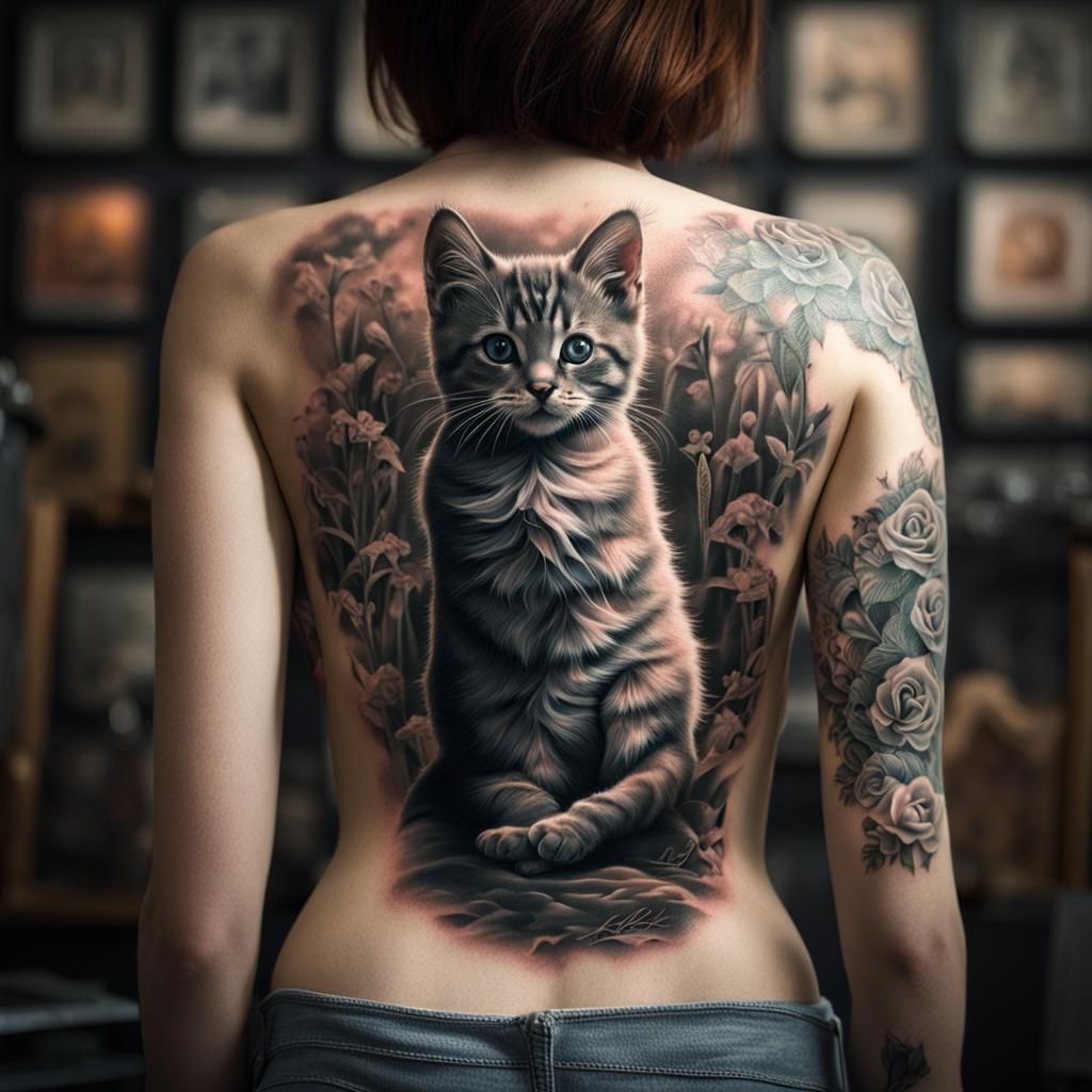 Kitten Tattoo on Woman's Back: Hyperrealistic Detail
