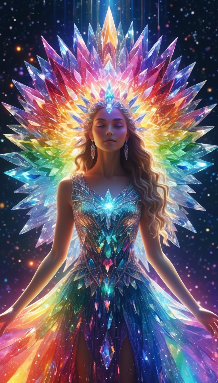 Rainbow crystal goddess, (ethereal figure), intricate crysta...