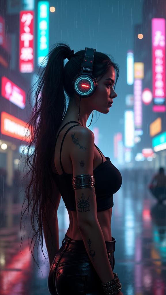 Cyberpunk Woman in Futuristic Cityscape at Night
