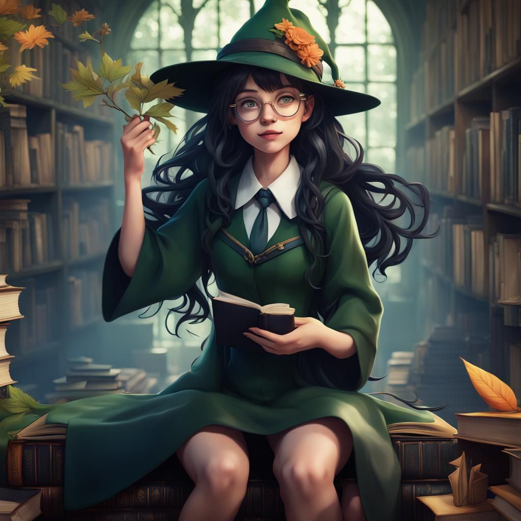 Girl Kneeling on Giant Book in Anime Style