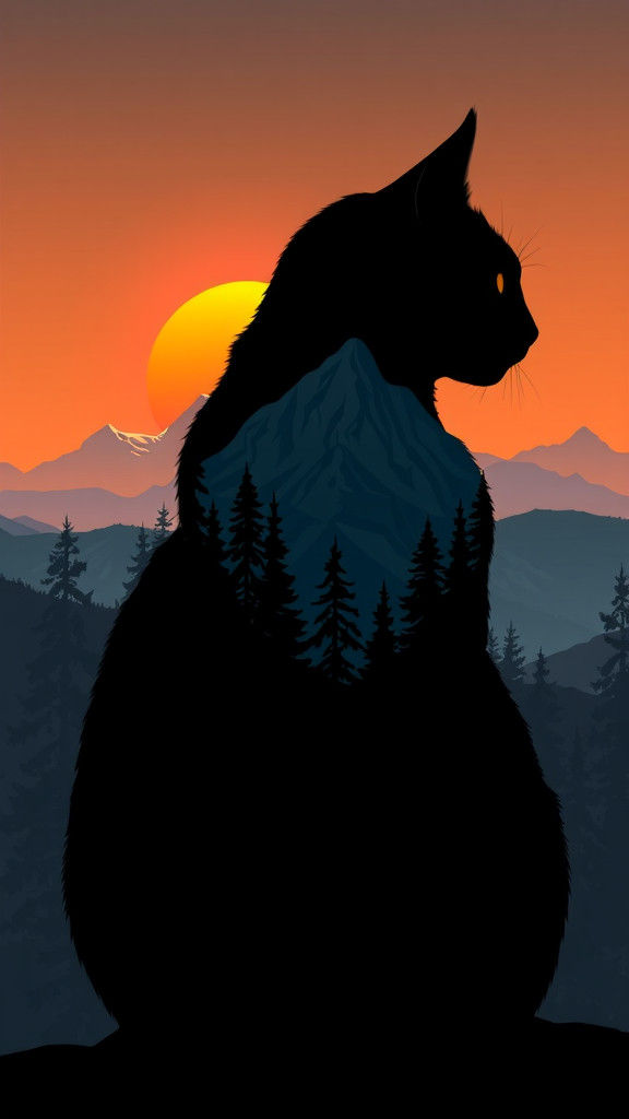 Black Cat Silhouette with Mountain Sunset Landscape
