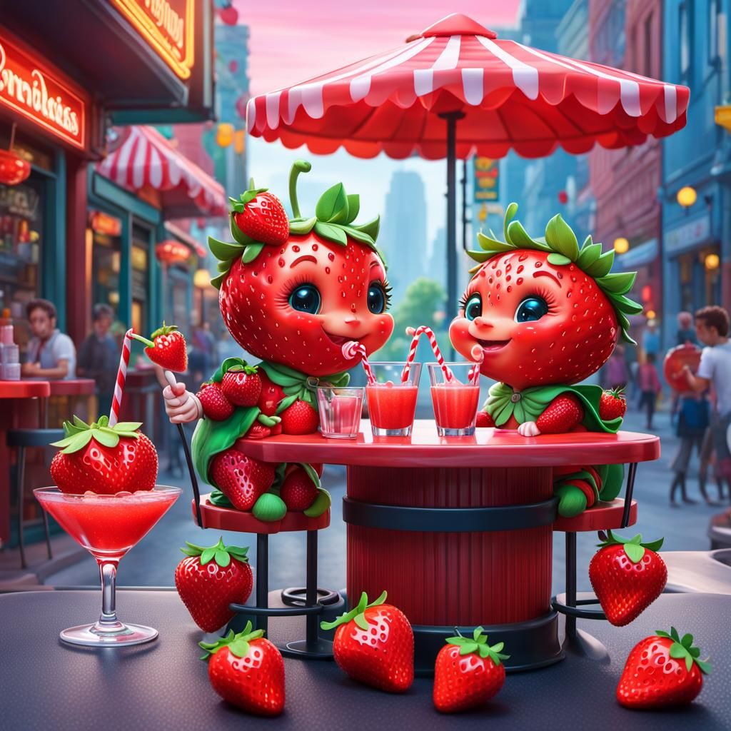 Chibi Strawberries Enjoying Cocktails in Candy Art Style