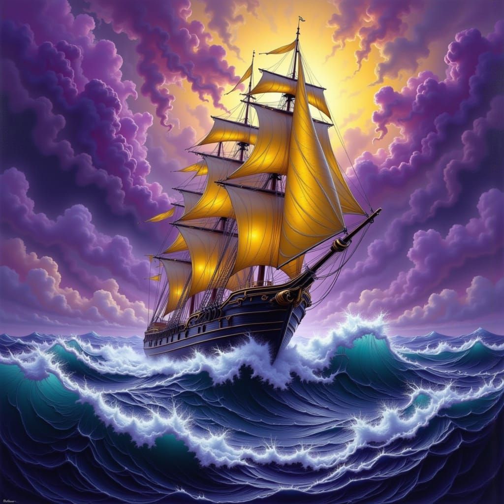 Majestic Sailboat on Stormy Sea in Dark Fantasy Style