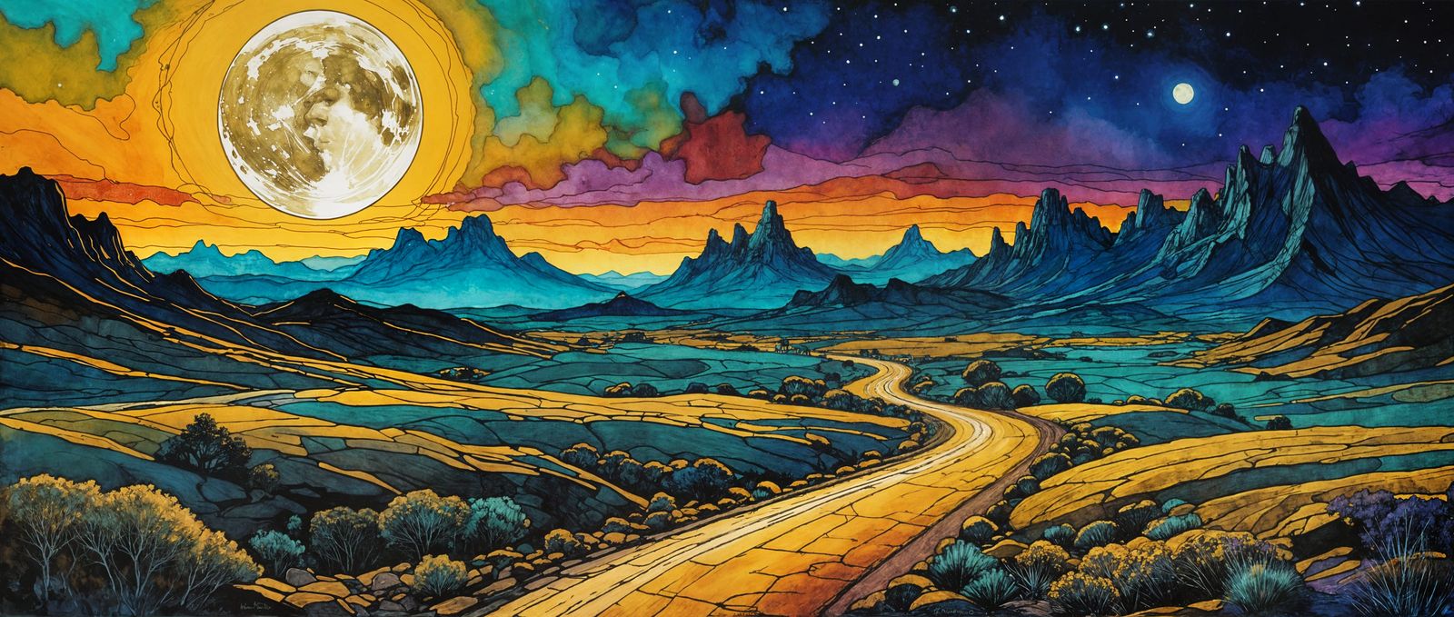 winding road through the moonlight landscape