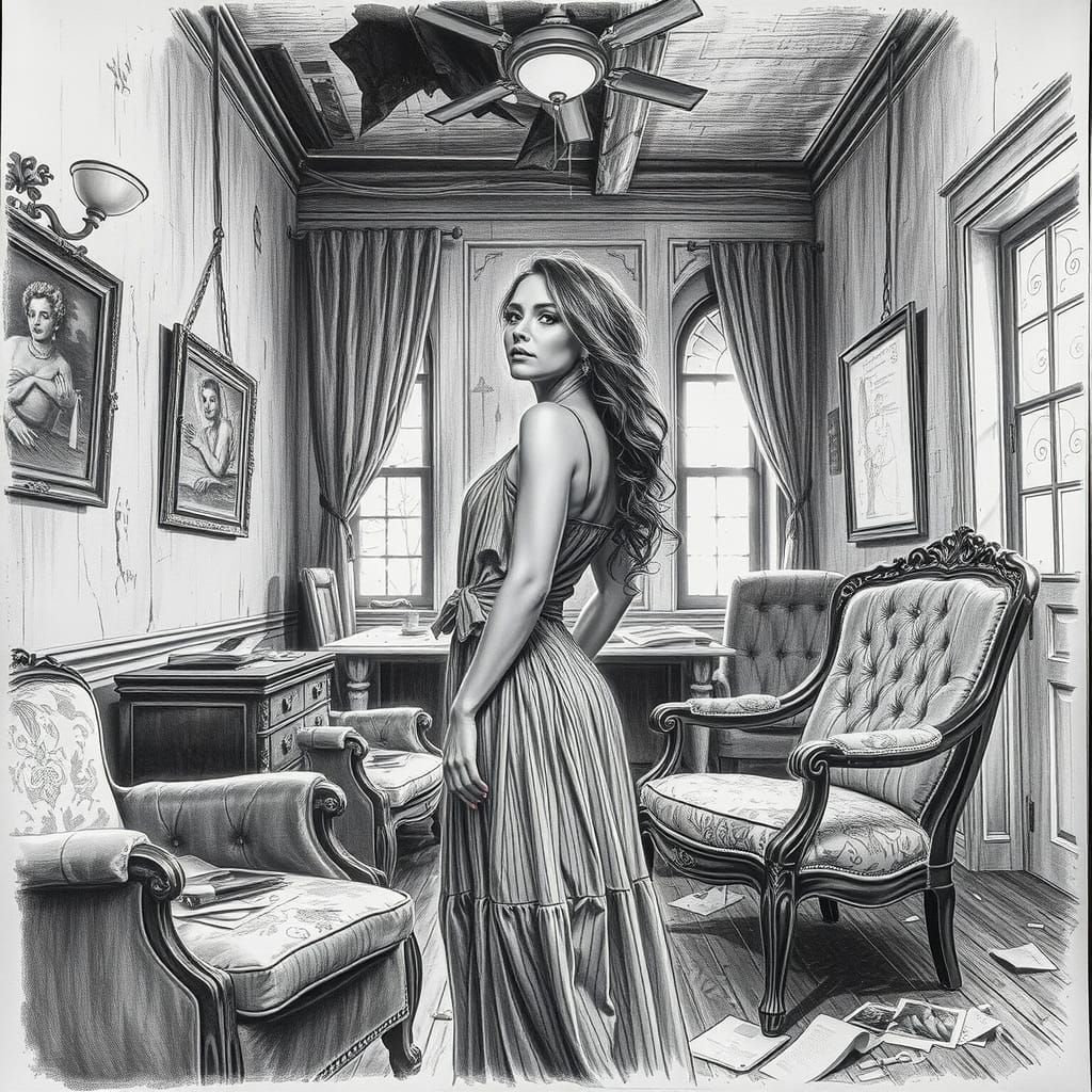 Woman in Abandoned Room, Intricate Pencil Drawing in Modern ...