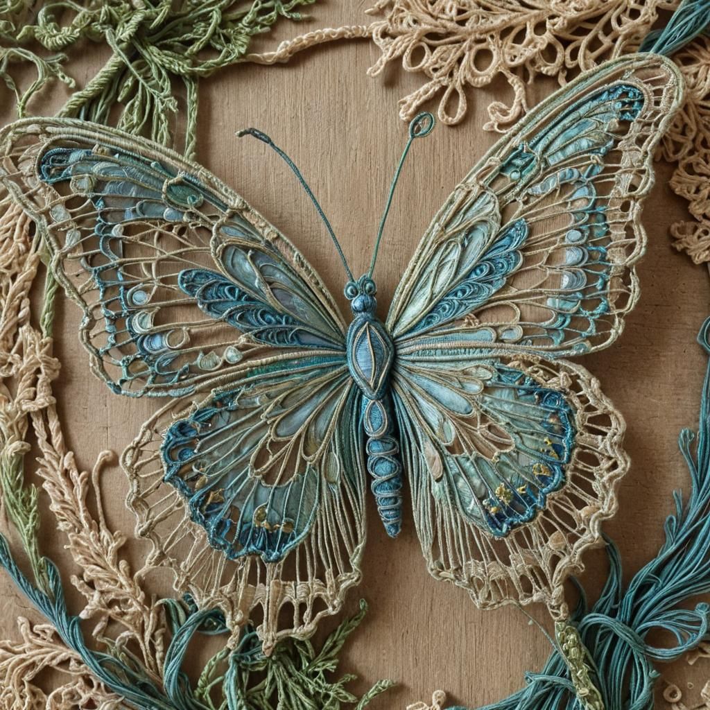 Craft an intricately woven string figure resembling a delicate butterfly made entirely of string. This butterfly is exce...