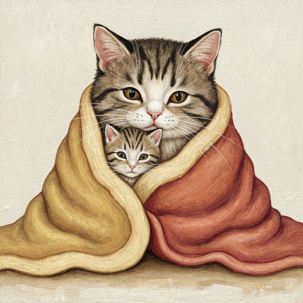 Cuddling Cat and Kitten, Digital Painting Style
