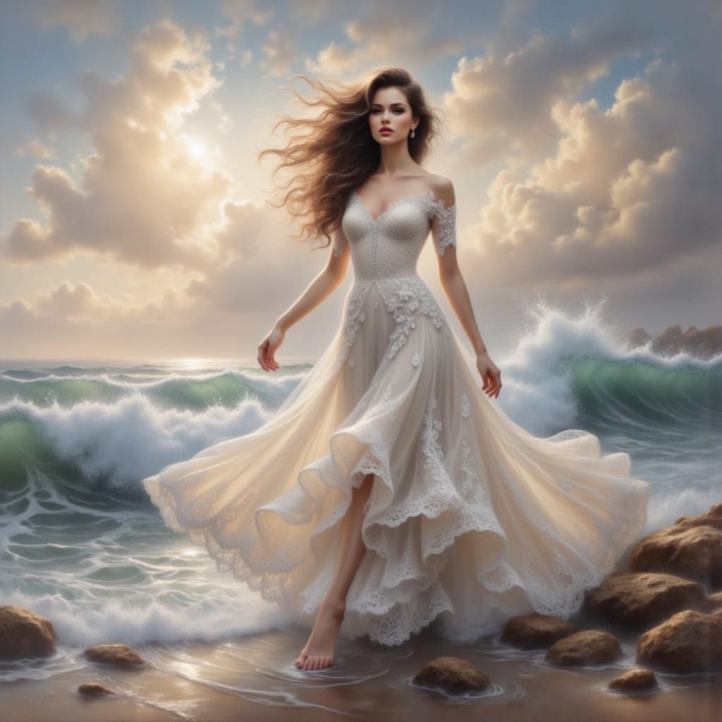Elegant Woman in Flowing Gown by Turquoise Sea