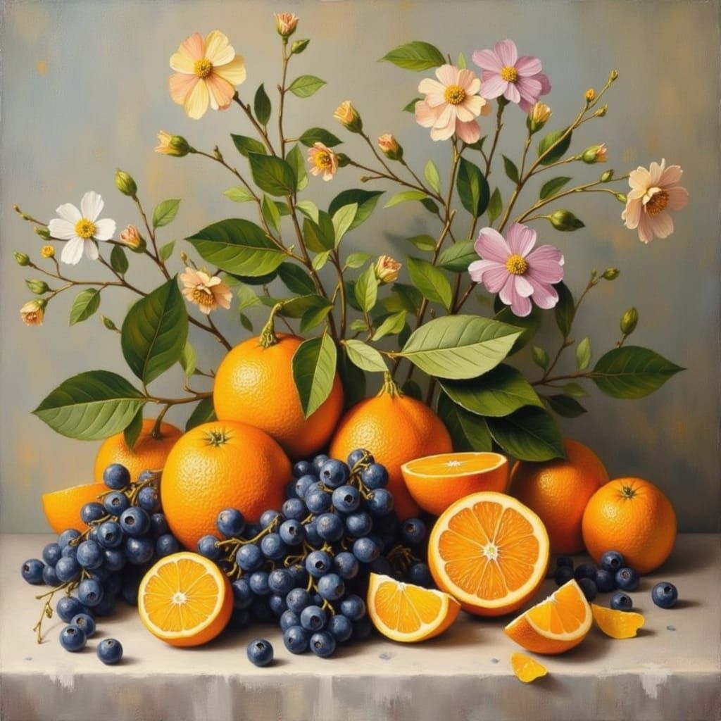 Surreal Still Life Masterpiece with Oranges, Grapes, and Flo...