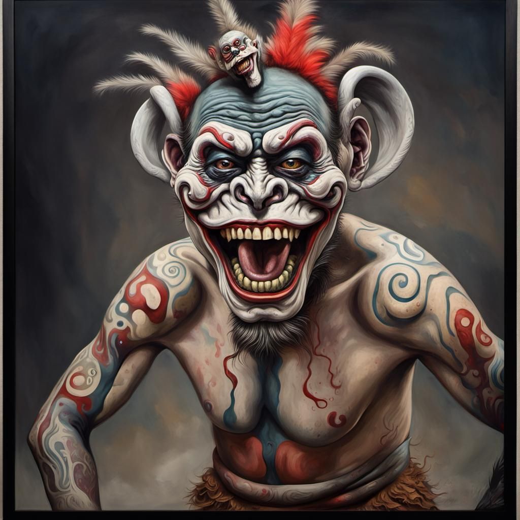 Zombie Monkey Monster Clown Maori Warrior, Grinning Maniacally, Posing for the Camera