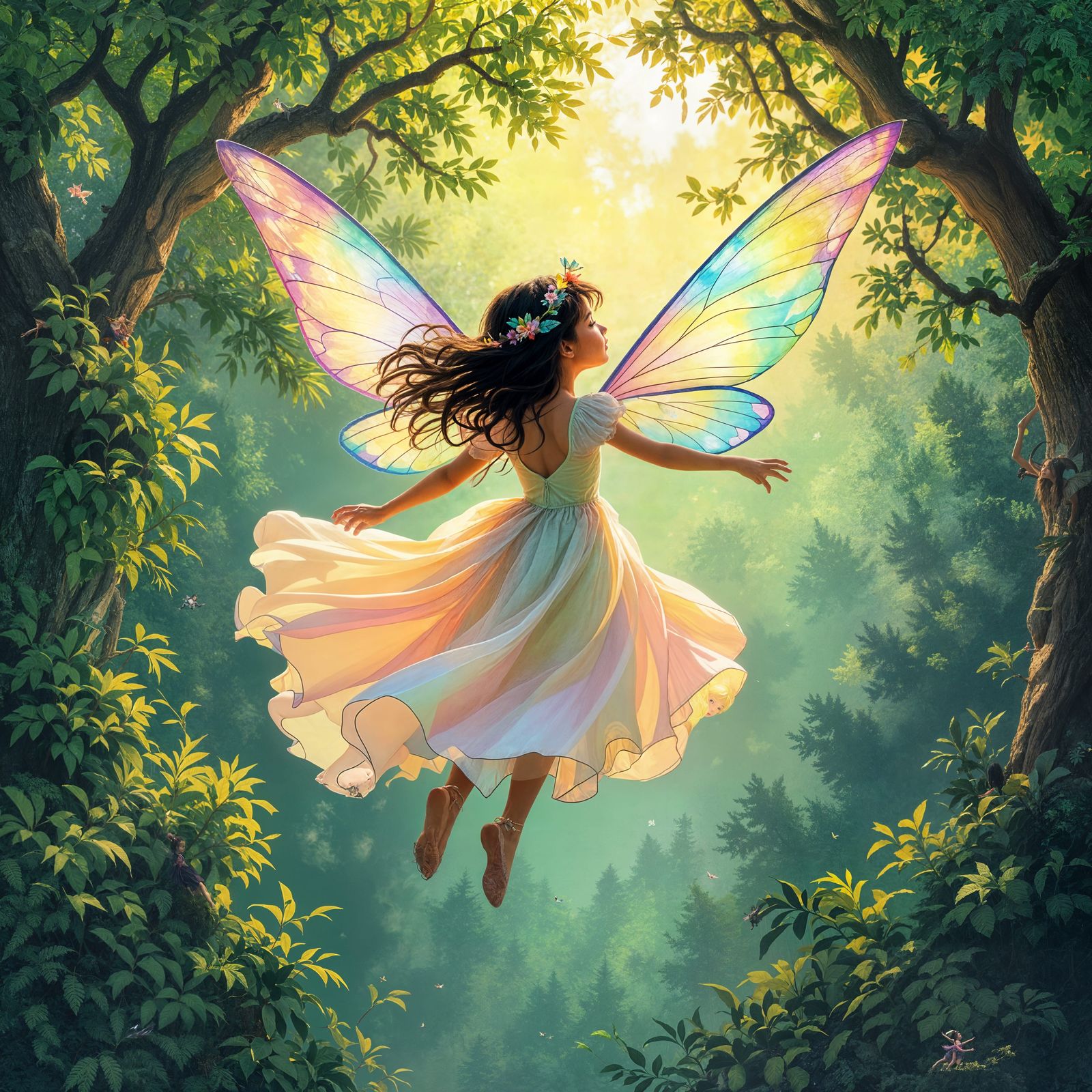 Girl with Fairy Wings Flying Above Enchanted Forest