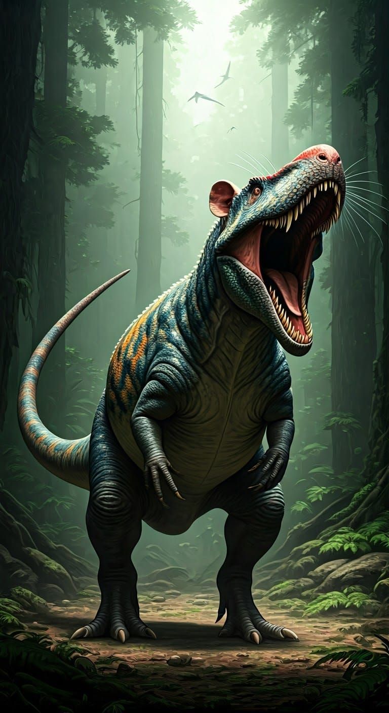 Colossal Rat-Dinosaur Hybrid in Prehistoric Landscape