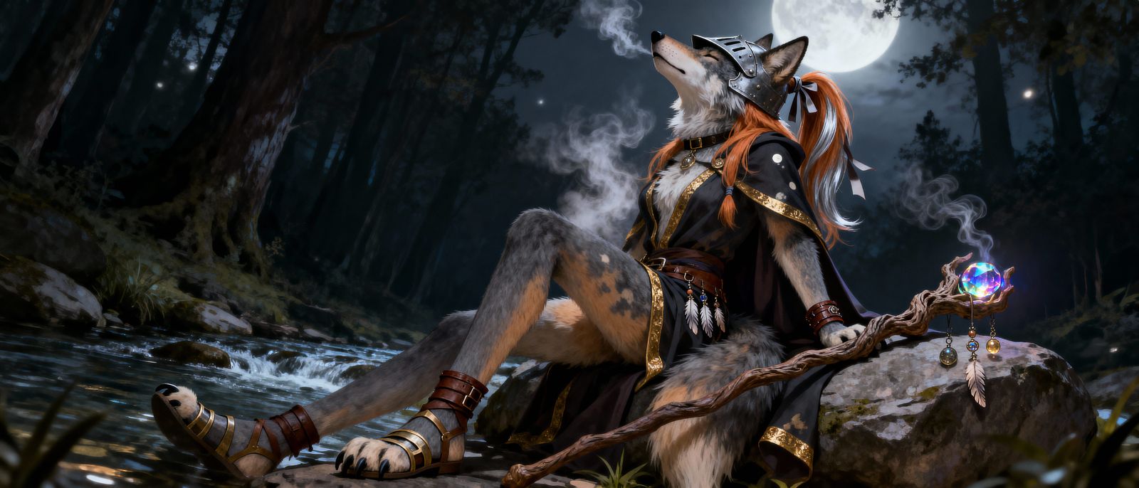 Furry Wolf Witch in Moonlit Forest
