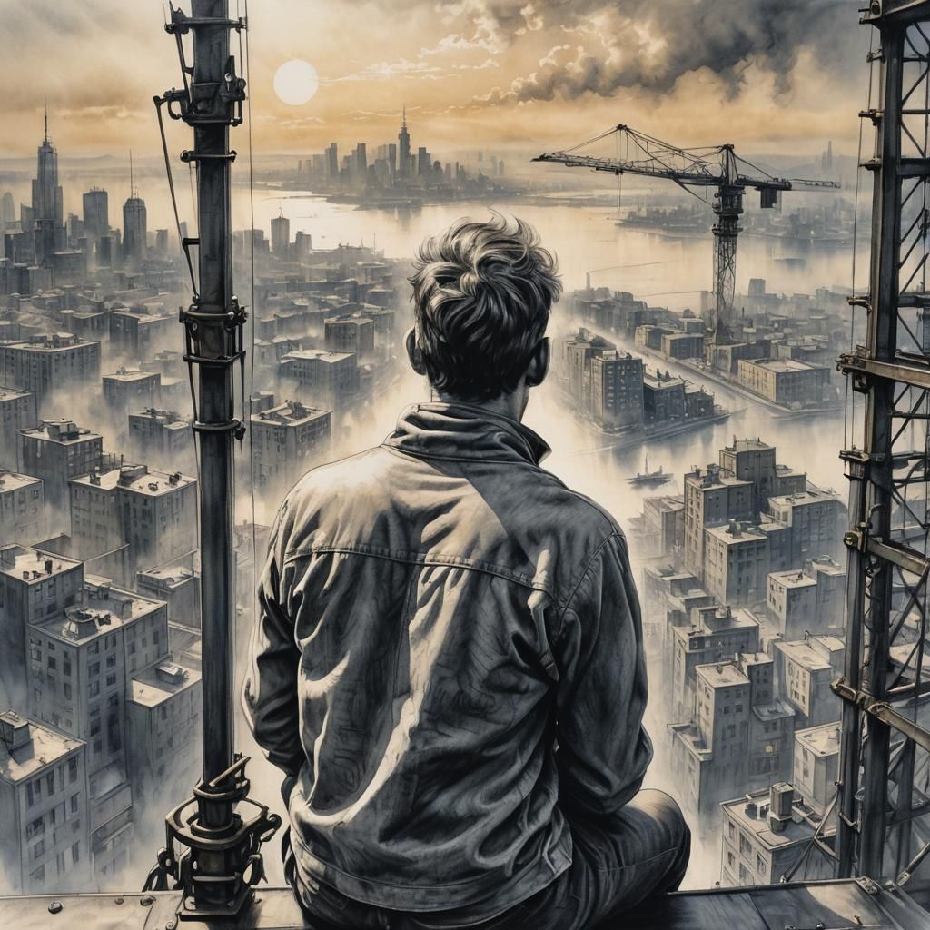 Man on Crane: Hyperdetailed Charcoal Drawing