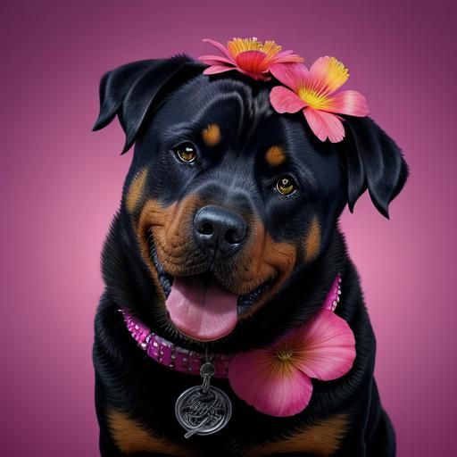 Happy Rottweiler with Flower: Hyperrealistic Splash Art