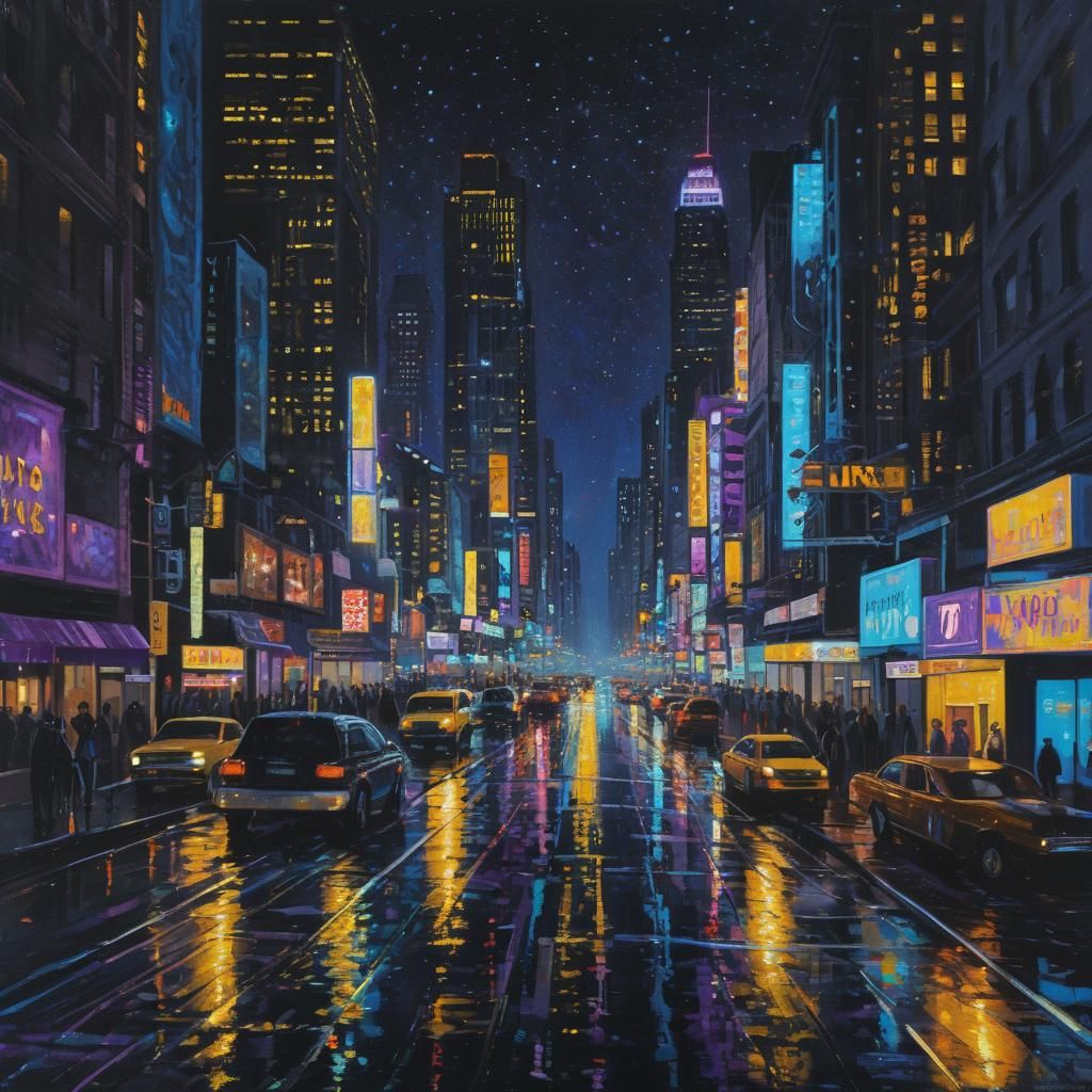 Neon Cityscape in Pointillism Style