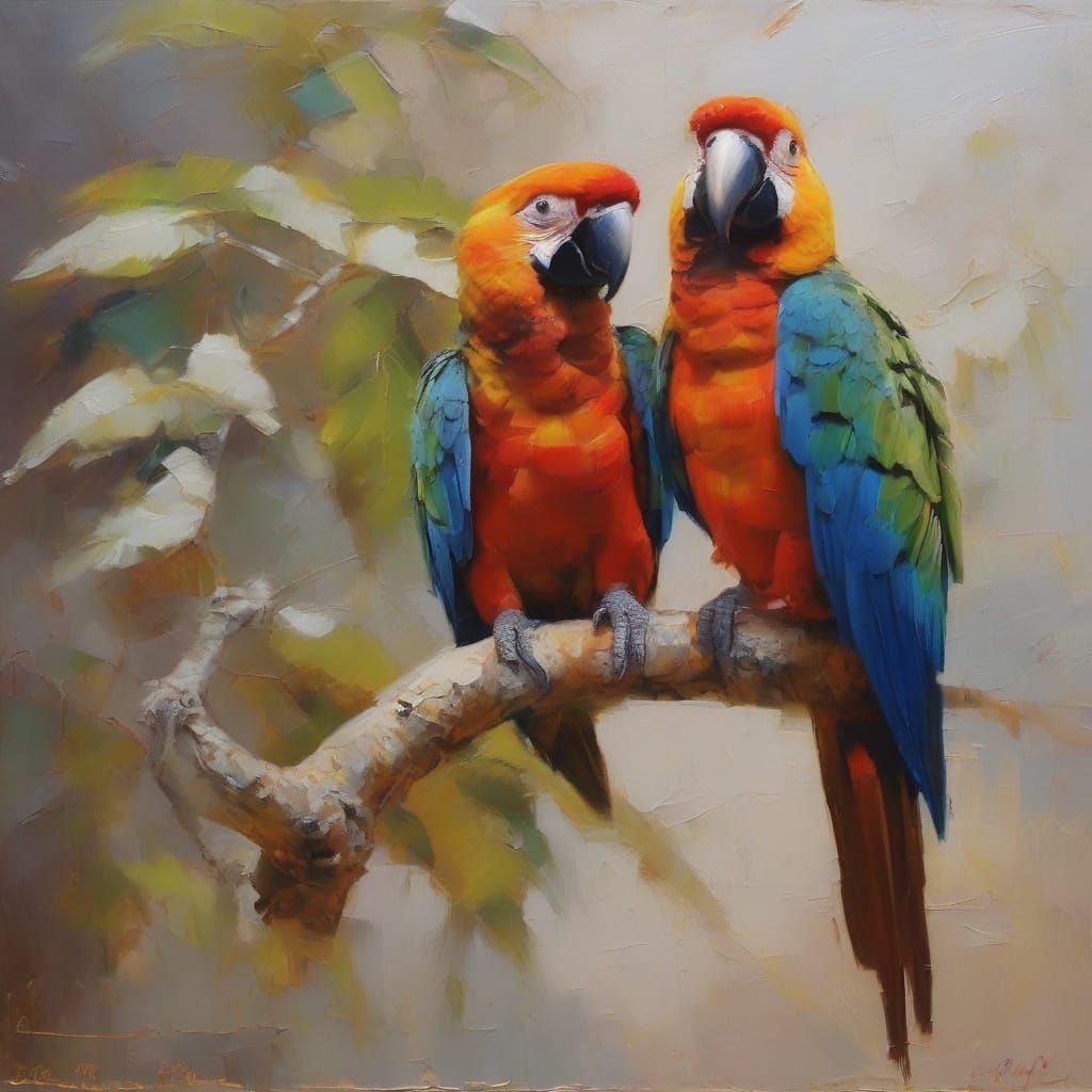Exotic Parrots in a Modern Gestural Oil Painting