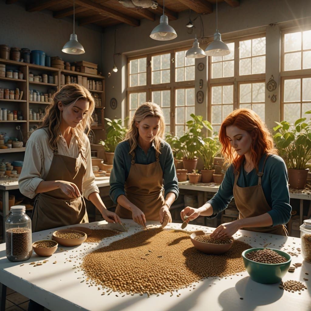 Women Organizing Seeds in Garage - Matte Painting Style