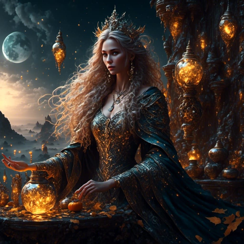 Otherworldly Witch Making Potions in Moonlit Sky