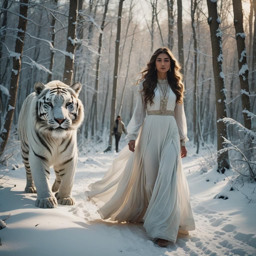 Girl with White Tiger in Snowy Woods