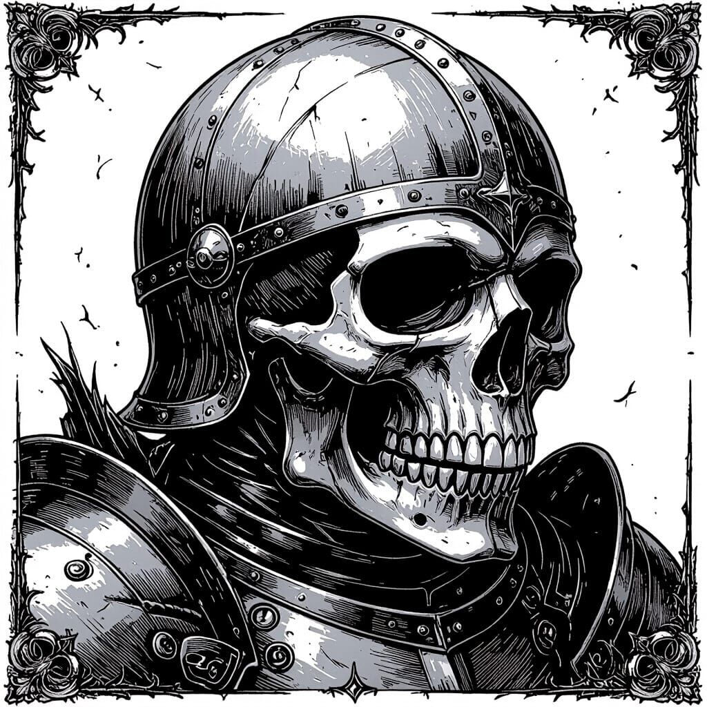 Gothic Skull Helmet in Black Line Art