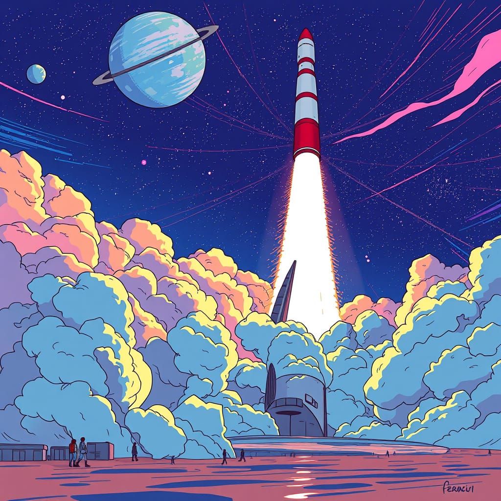 Saturn V Rocket Launch in Anime Style