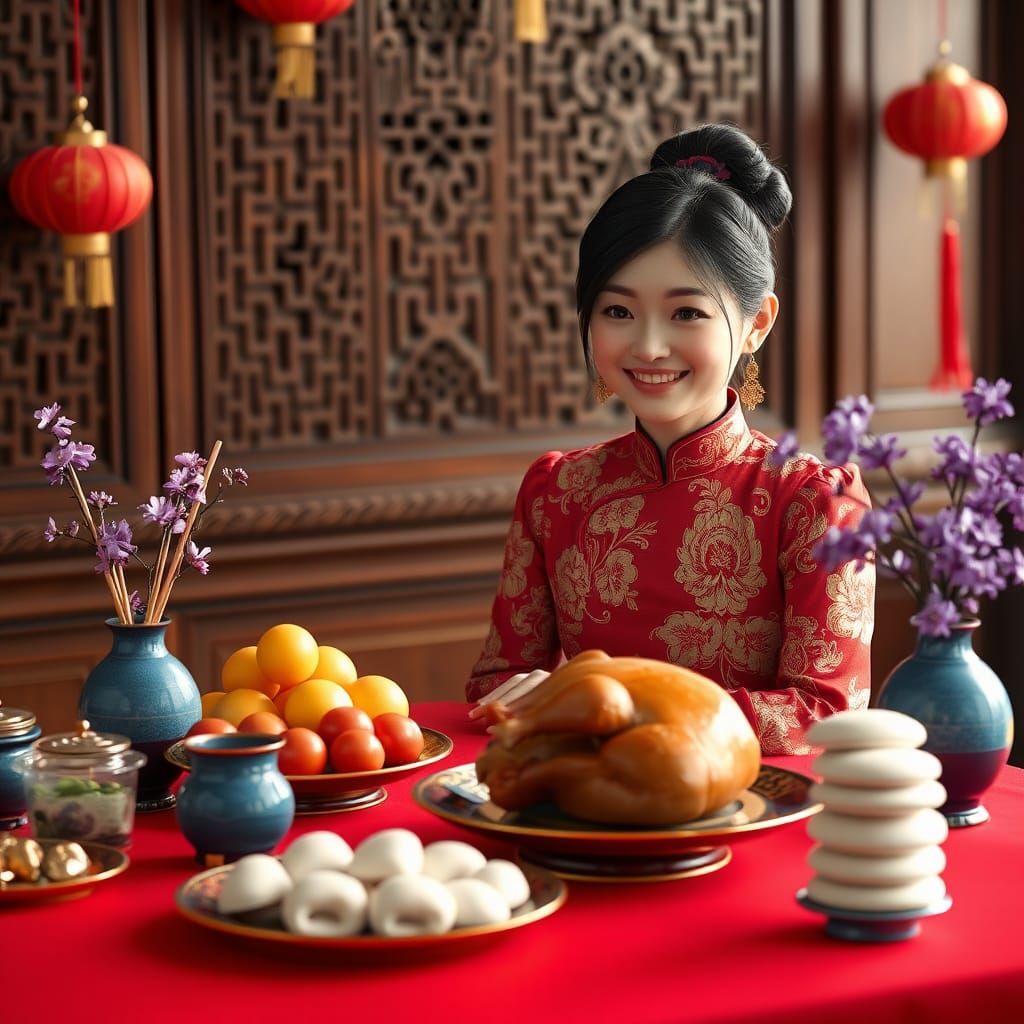 Chinese Woman at Worship Table: 3D Anime Art