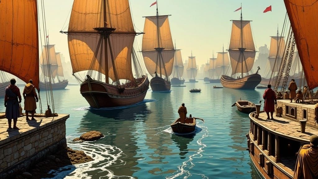 Ancient Greek Harbor Scene in Pen-and-Ink Style