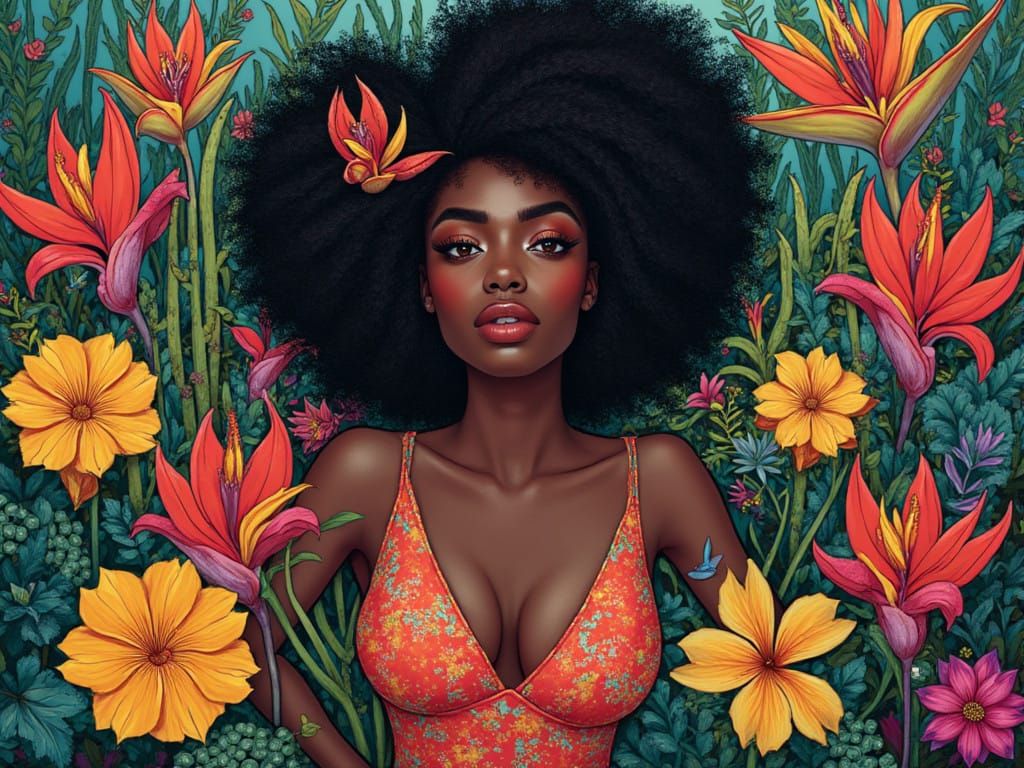 Surreal Pop Art Goddess Among Exotic Blooms