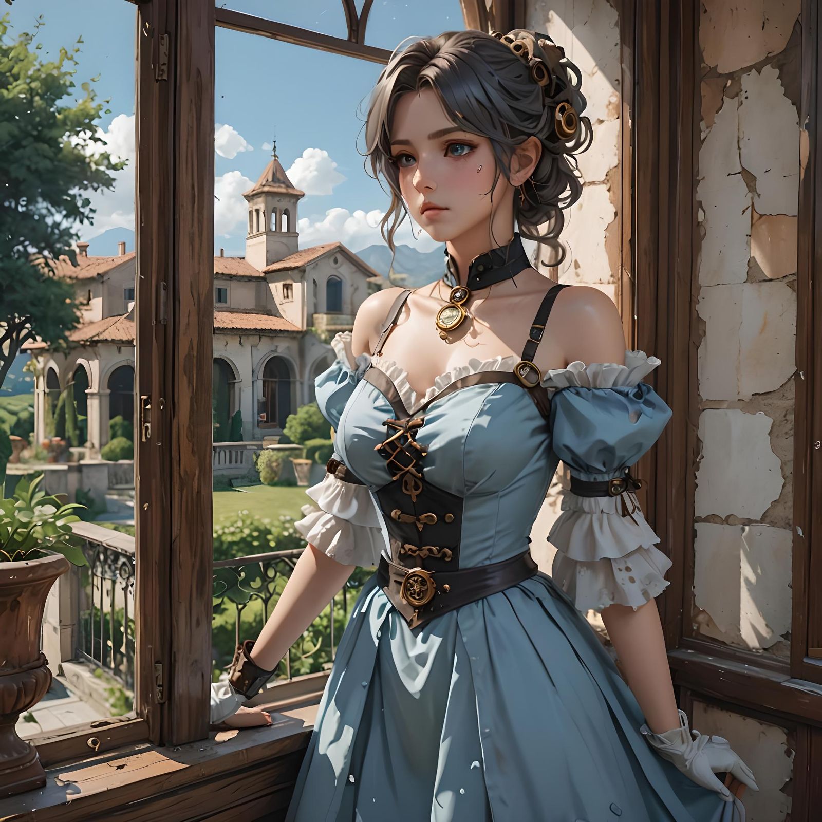 Steampunk Anime Lady in Italian Villa