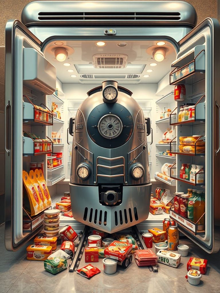Surrealist Train Emerges from Retro Fridge in Industrial Cha...