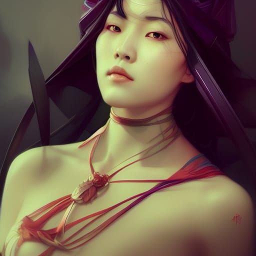 Gothic Asian Woman Portrait in Hyperdetailed Splash Art