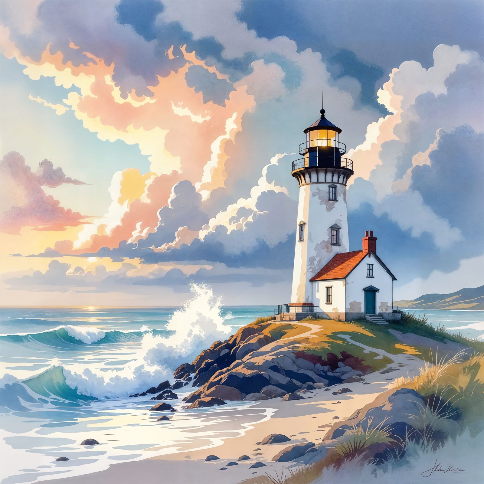 Stylized Watercolor Lighthouse in Pastel Oceanscape