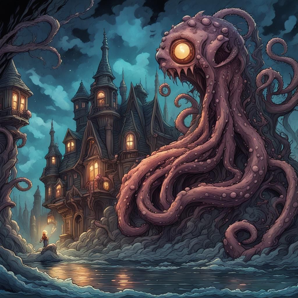 Gothic Tentacle Monster Under Cloudy Night