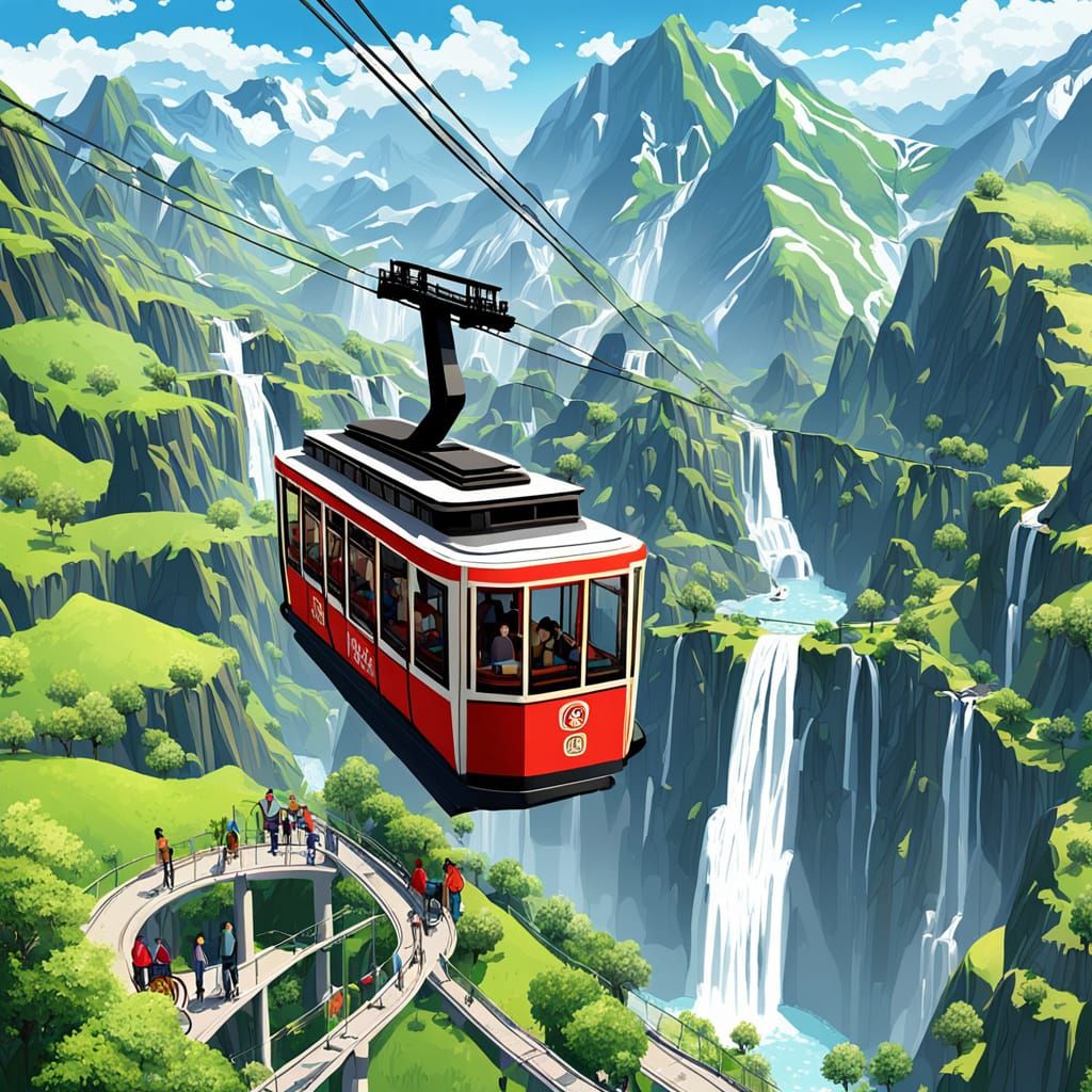 Aerial 3D Landscape with Majestic Mountains and Waterfalls