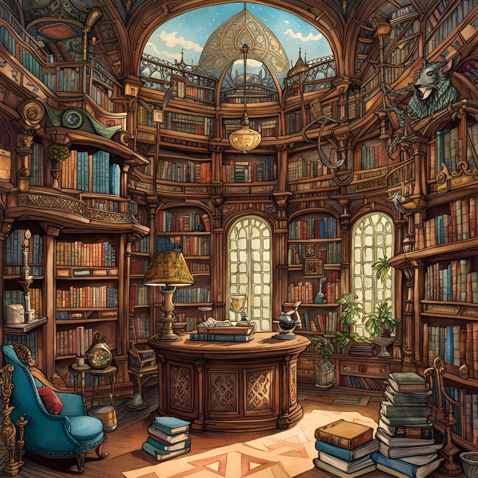 Fantasy Library (a storybook illustration)