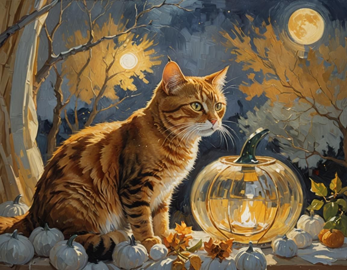 Cozy Cat at Night in Impressionist Oil Painting