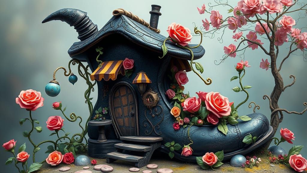 Whimsical Witch Shoe House in Impressionist Style
