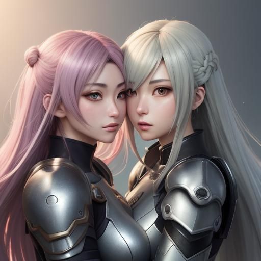 Anime Girls Kissing in Power Armor, 3D Rendered