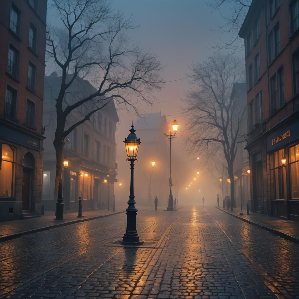 Lamppost Shines on Foggy Street: Fantasy Matte Painting