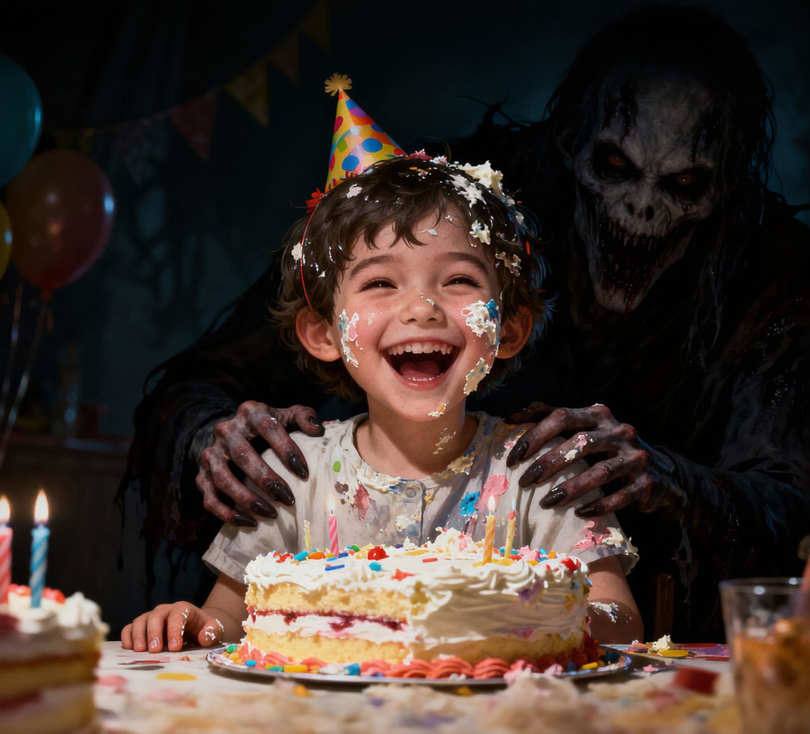 Happy Child Covered in Cake with Sinister Shadows