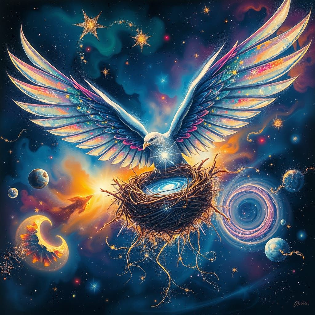 Celestial Bird Weaves Stardust Nest Amidst Glowing Nebulae