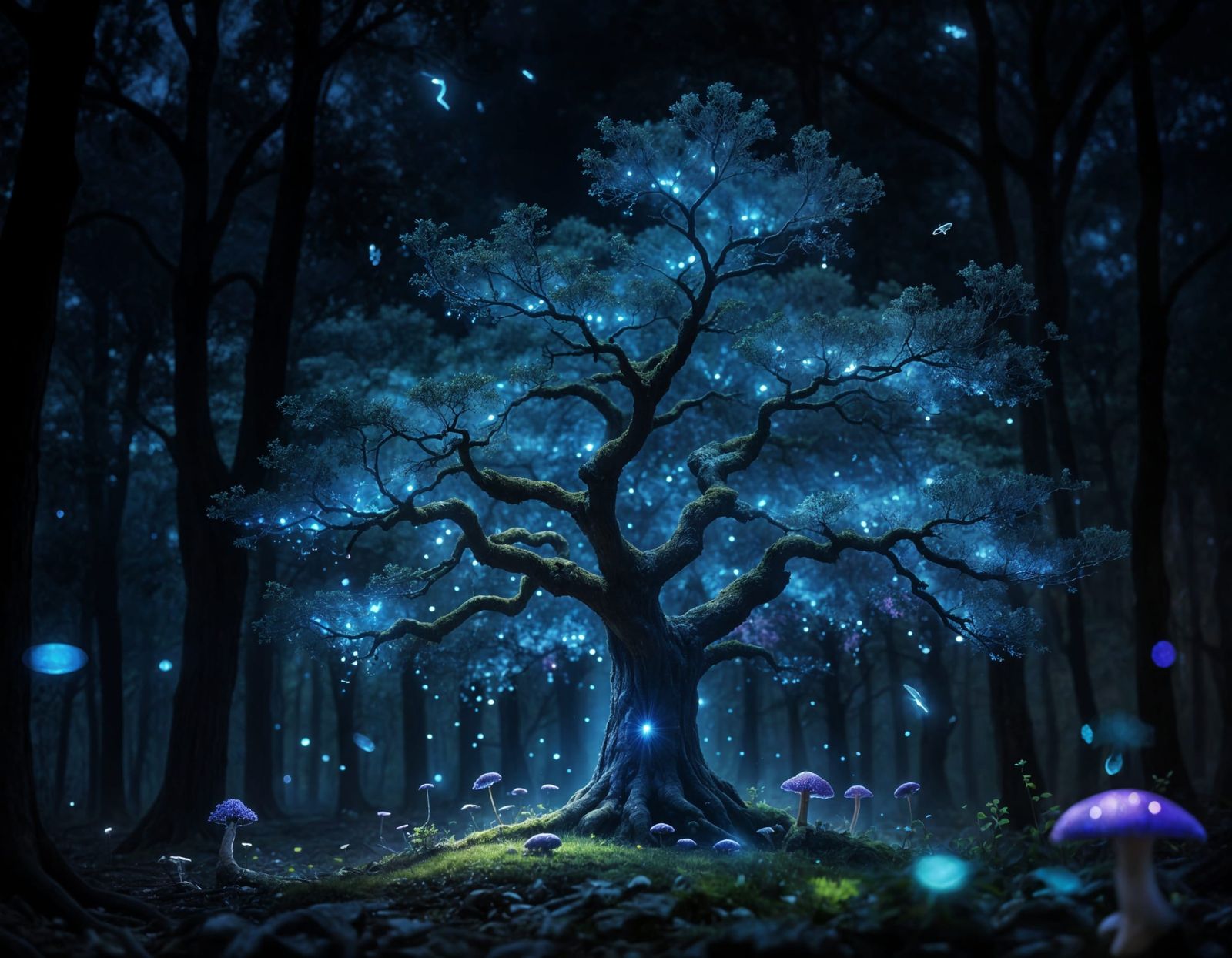 Enchanted Bioluminescent Oak Illuminated by Celestial Light