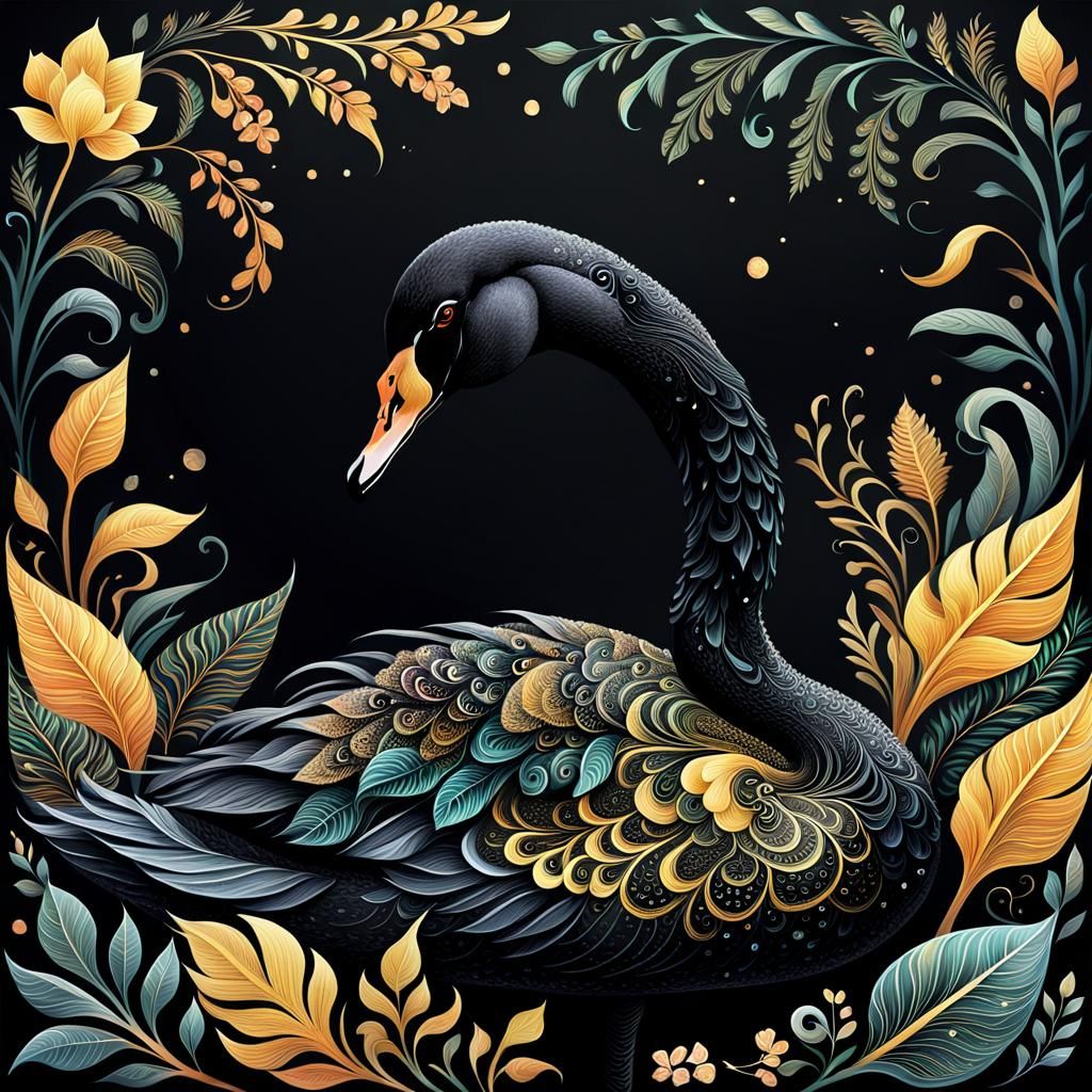 Mystical Black Swan Illustration with Floral Motifs