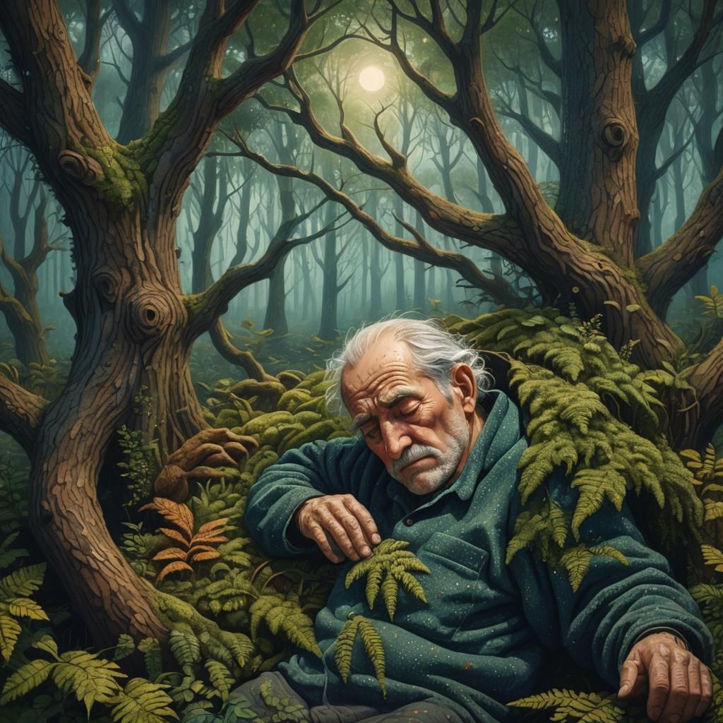 Old Man Sleeping in Forest Hands: Pointillist Surrealism