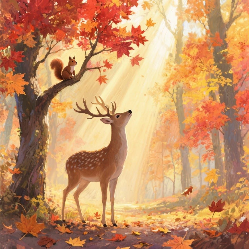 Elegant Deer in Autumn Forest Gouache Painting