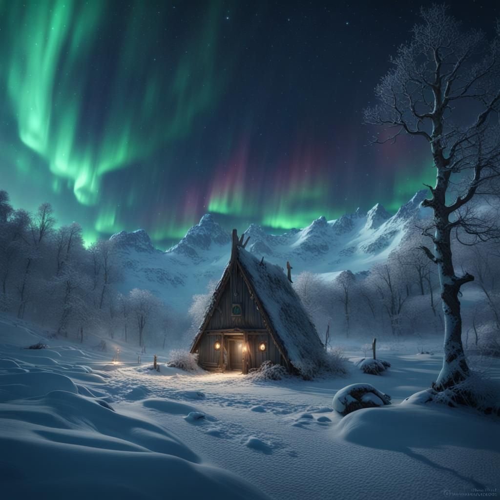 Anoana from Heilung Norse mythology, winter scene, dark sky with aurora borealis, stars